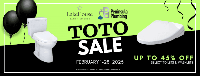 Green and black background with Toto toilet and Washlet and LakeHouse Bath+Kitchen Logo and Peninsula Plumbing logo. TOTO Sale - February 1-28. 2025. Up to 45% off select toilets and washlets.